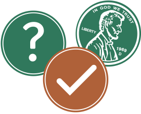 A graphic of a question checkmark penny icon