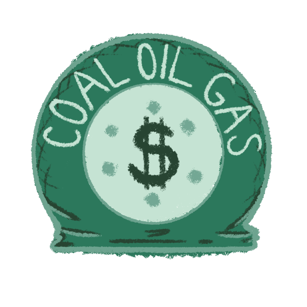 flat tire with coal, oil, and gas and money sign